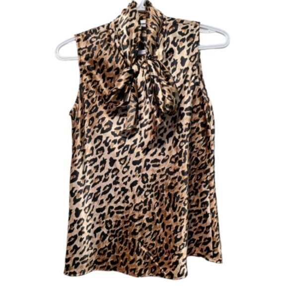 Kasper Cheetah Animal Print Tie Neck Scarf Gold Black Satin Sleeveless Blouse S - Picture 1 of 13